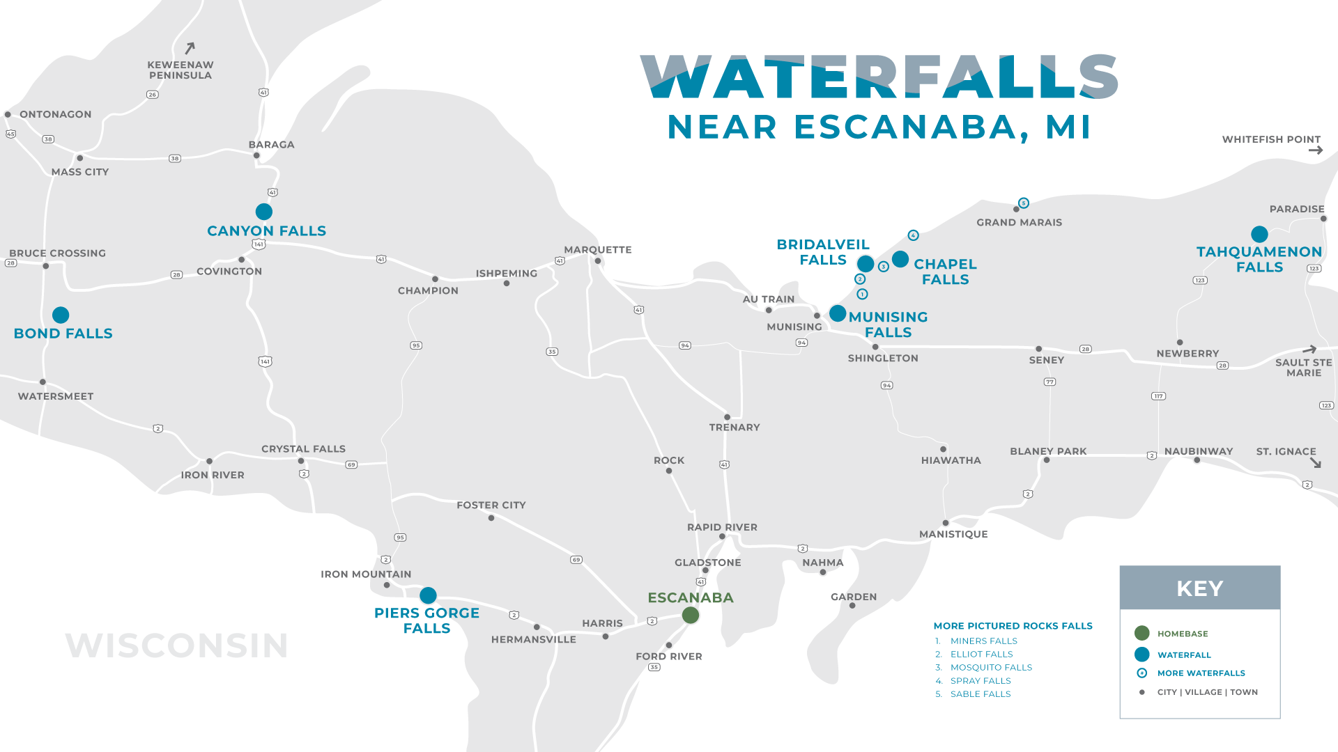 Waterfalls Upper Peninsula Attractions Map