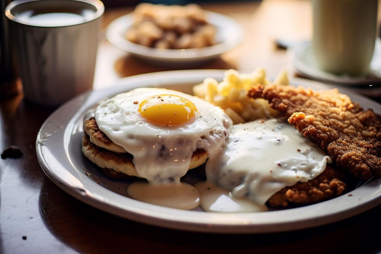 A plate of country fried steak with gravy and eggs