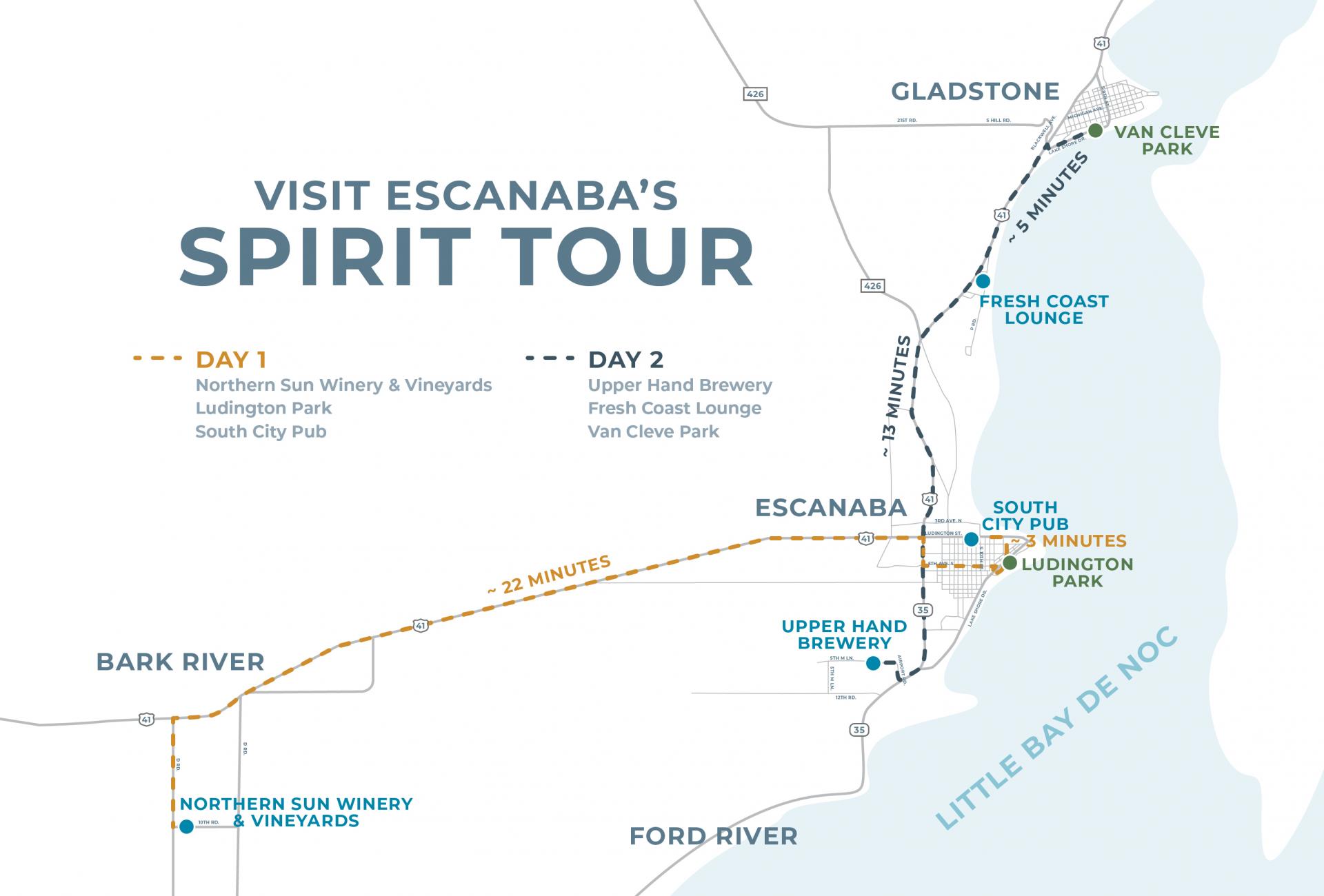Map of locations along the Escanaba Spirit Tour