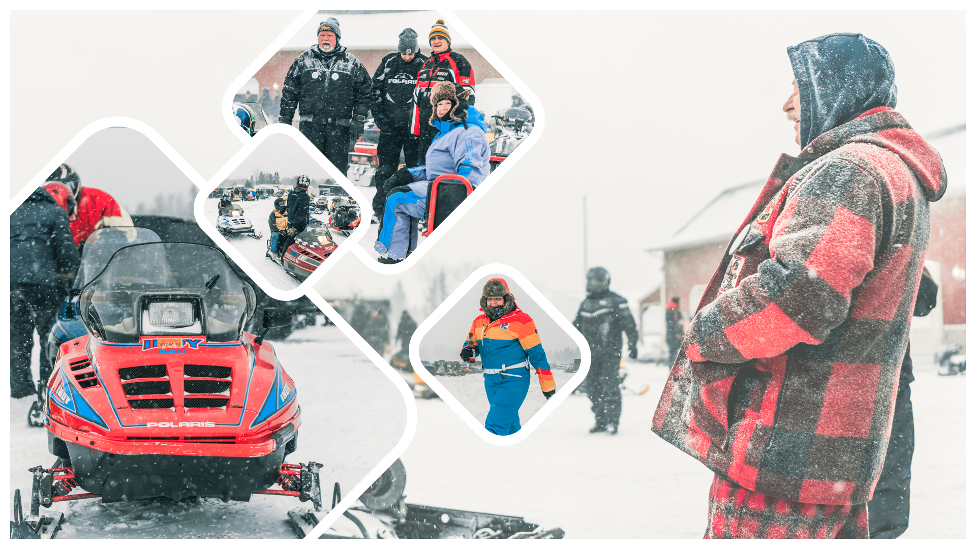 Enthusiasts of the Rapid River Relic Ride convene in a spirited meeting, surrounded by a backdrop of gleaming vintage snowmobiles. 