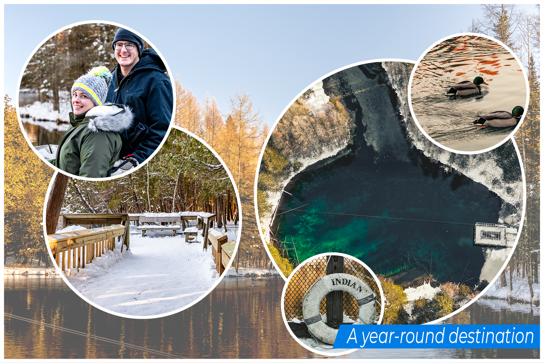 A winter-themed header image showcasing Kitch-iti-kipi enveloped in a blanket of snow.