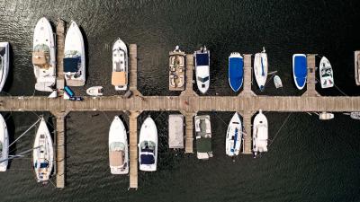 Boats docked in a harbor.