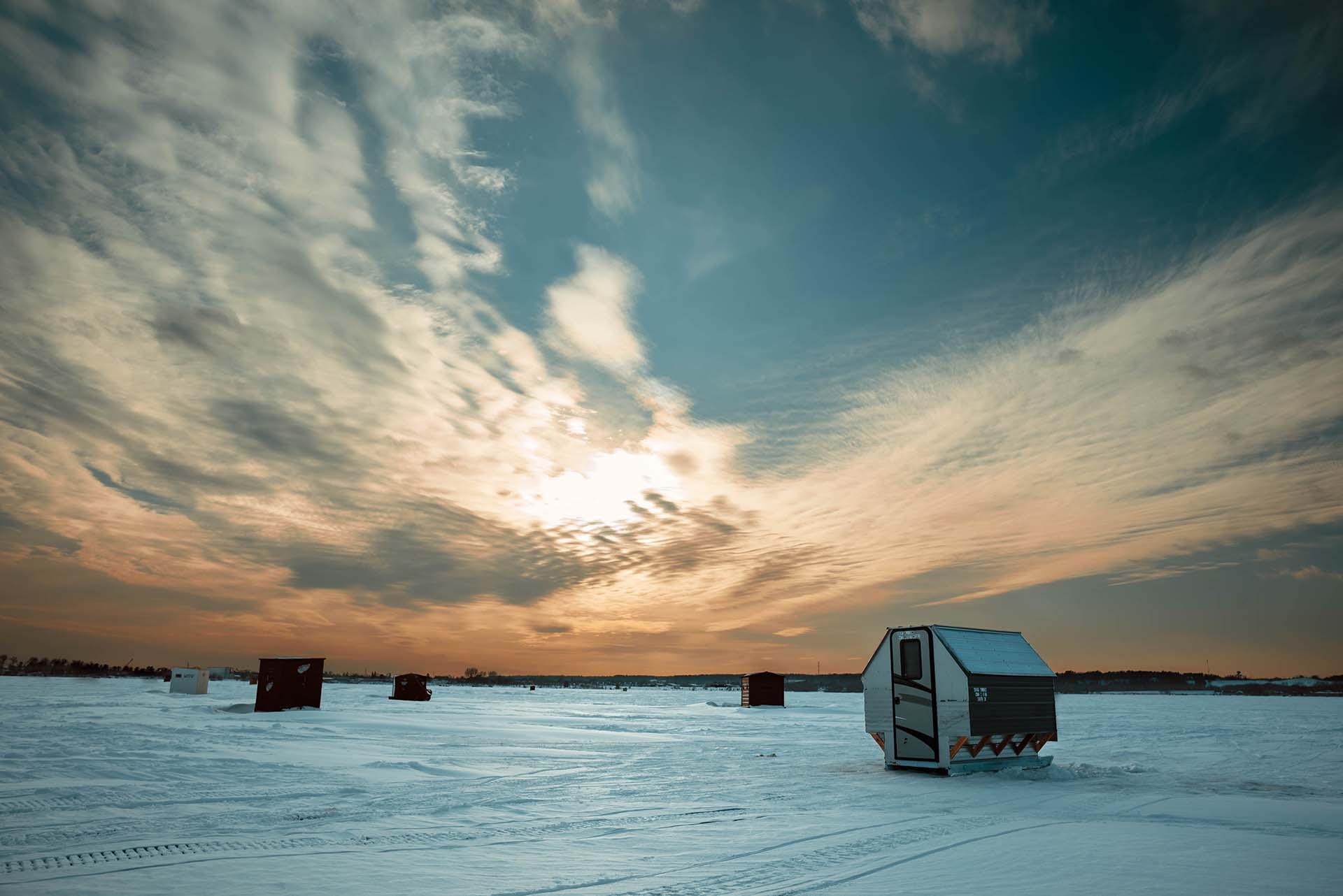 Ice shanties at sunset.