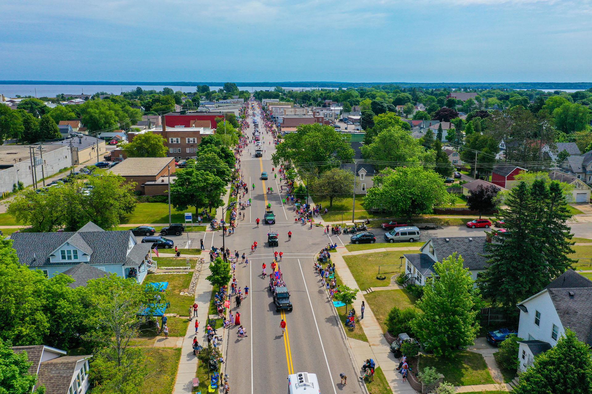 An aerial view of a parade.