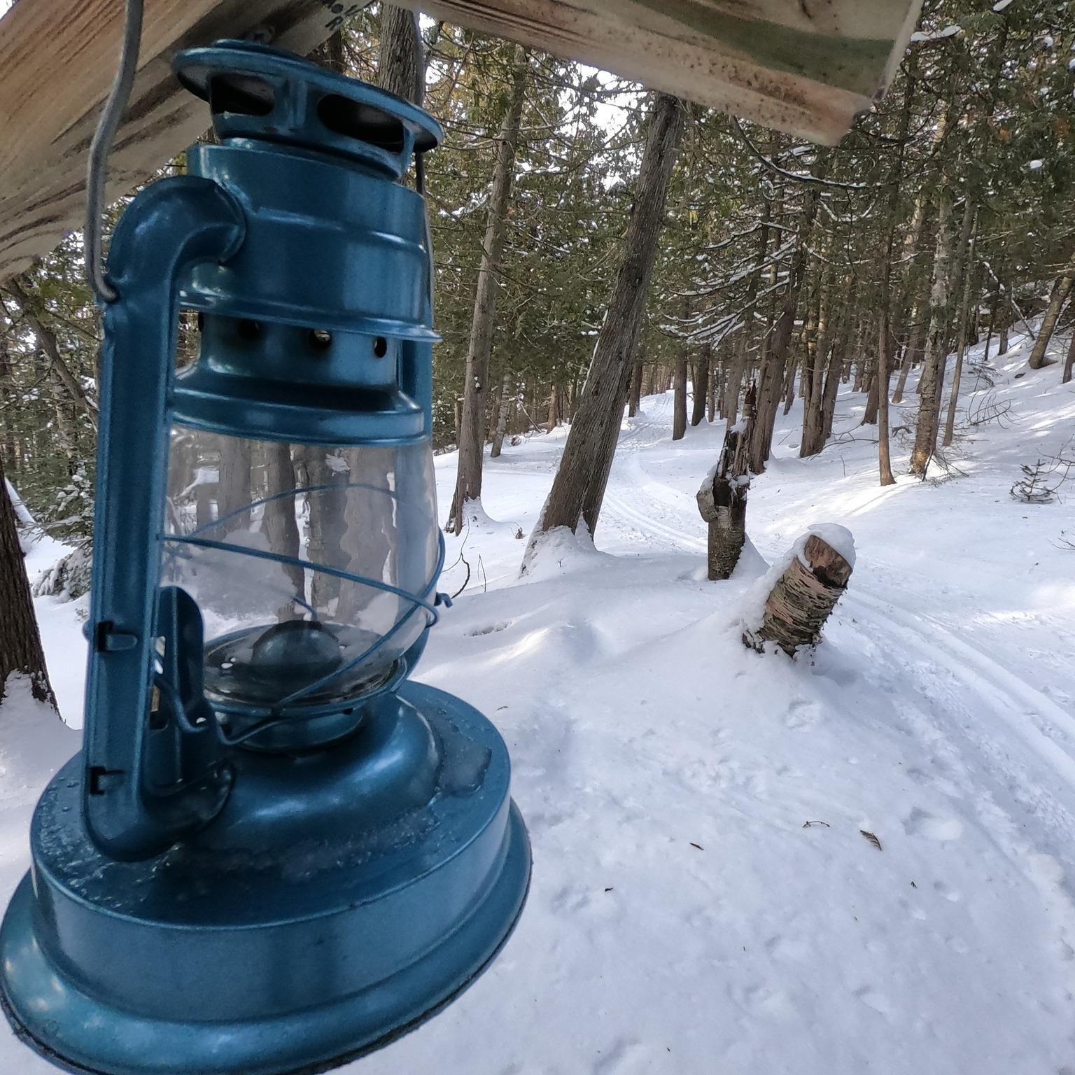 A lantern placed along a trail at Fayette Historic State Park.