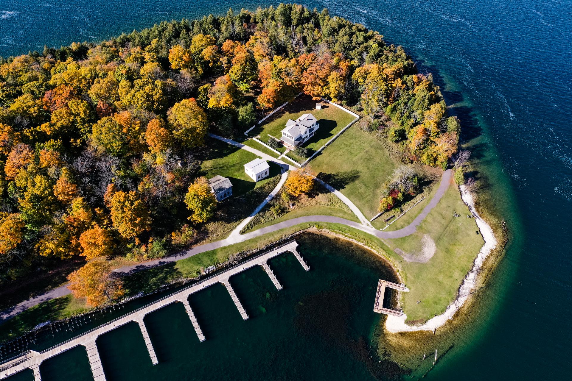 A drone view showing the fall landscape at Fayette Historic State Park.