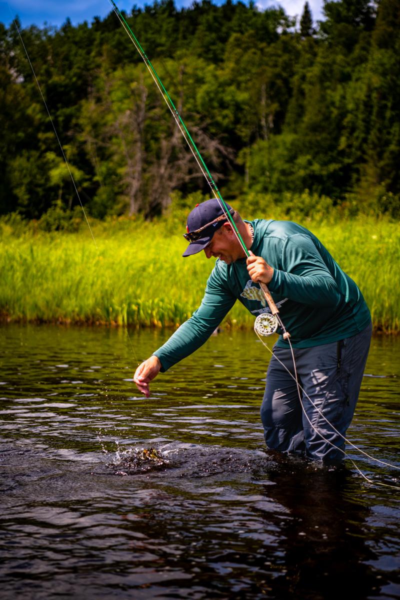 Fly fishing success as an angler lands a fish.