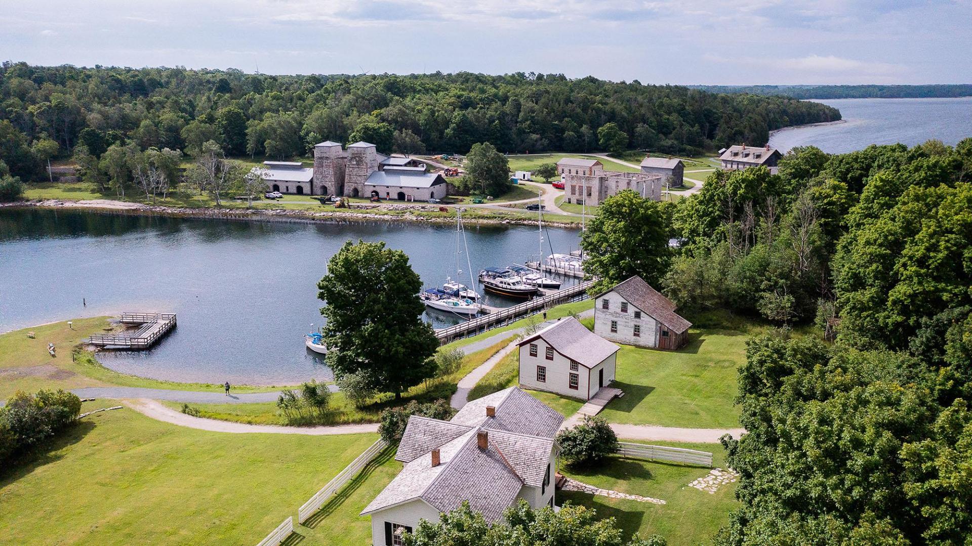 An aerial view of the historic buildings at Fayette Historic State Park.