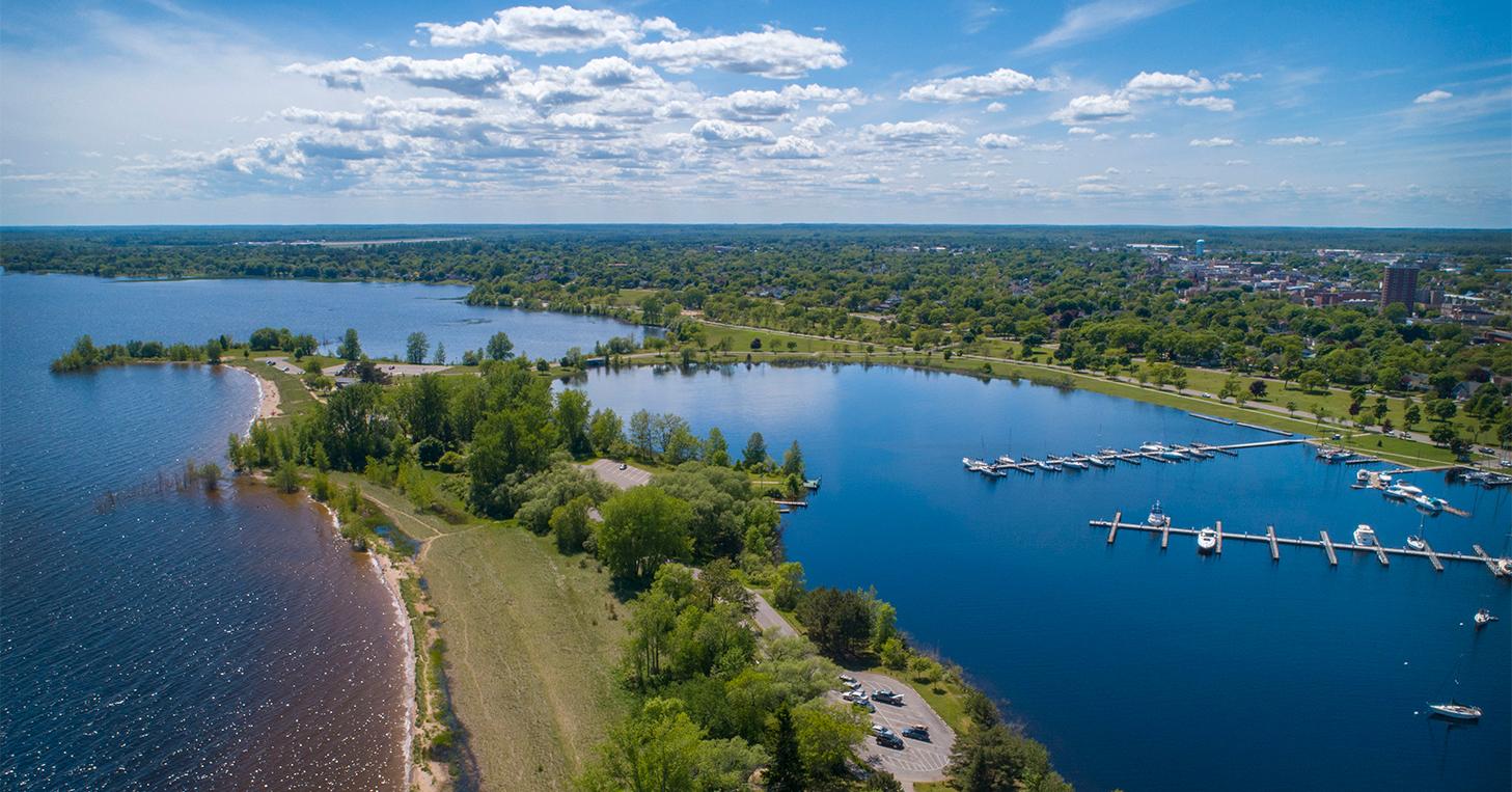 An aerial view of Ludington Park, Lake Michigan and the Escanaba Marina.