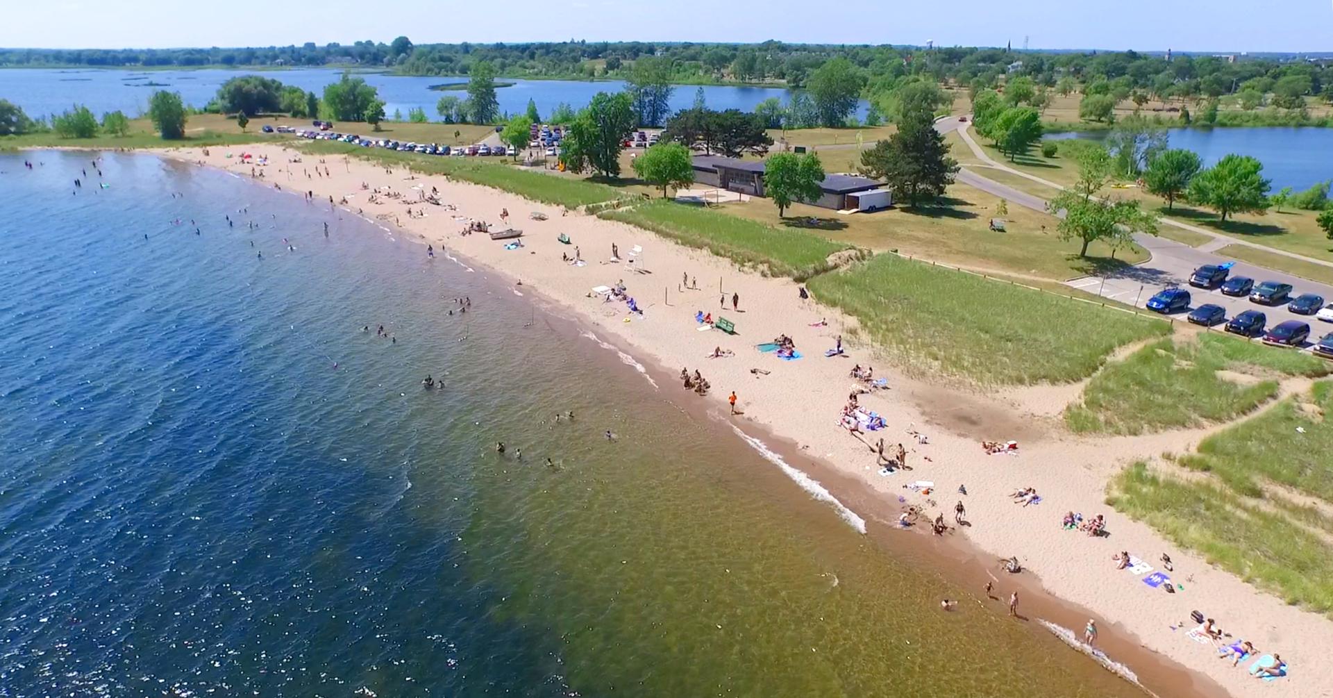 An aerial view of a Lake Michigan beach.
