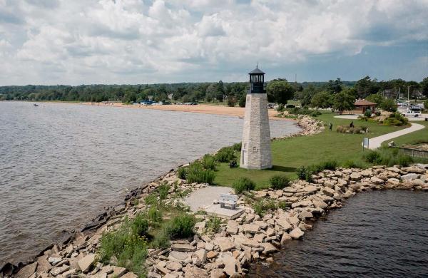 Aerial view of Gladstone Beach and the Gladstone Lighthouse.