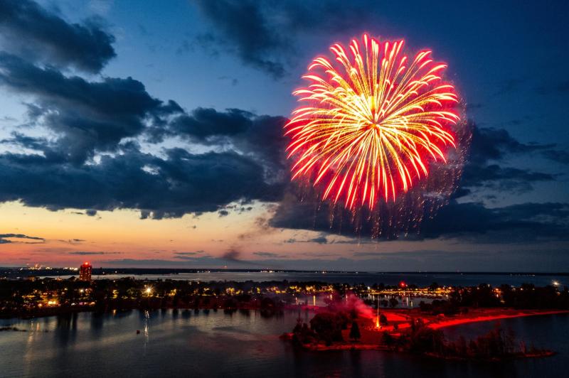Fireworks light up the sky.