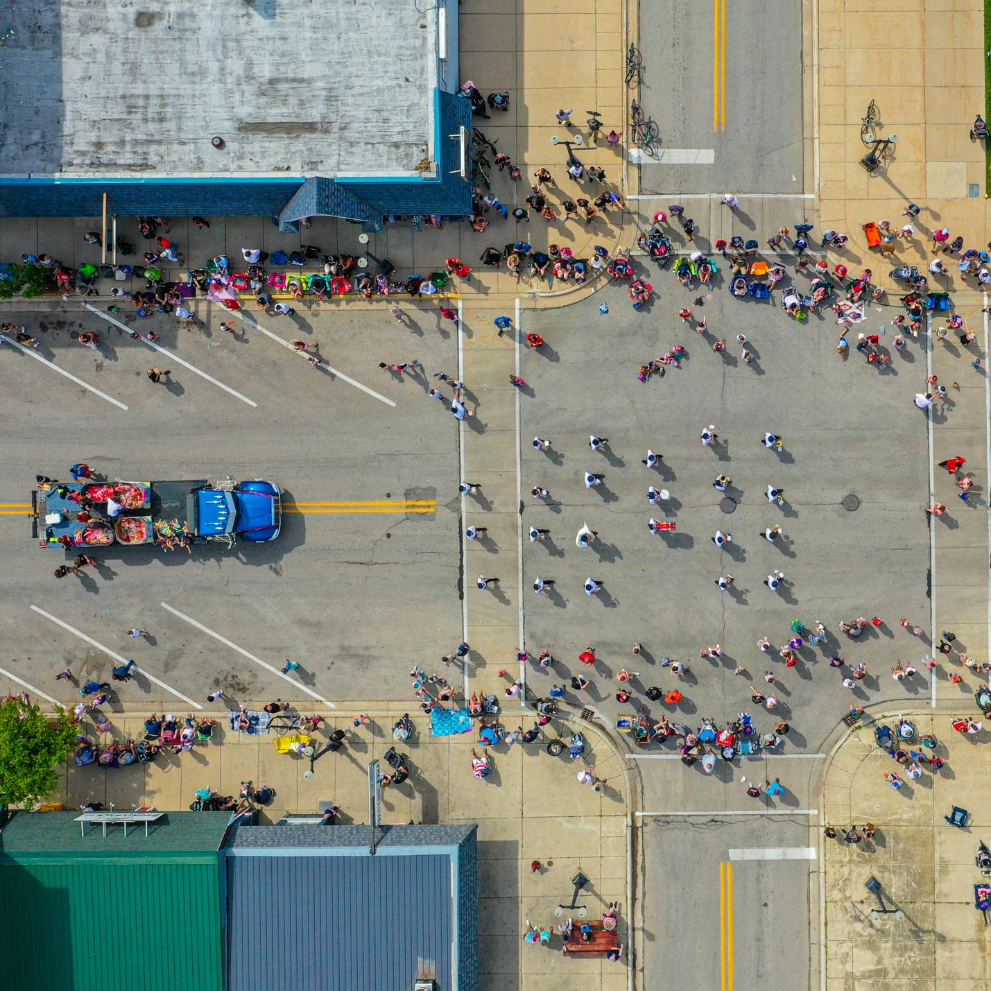 Aerial view of a parade in Gladstone, Michigan.