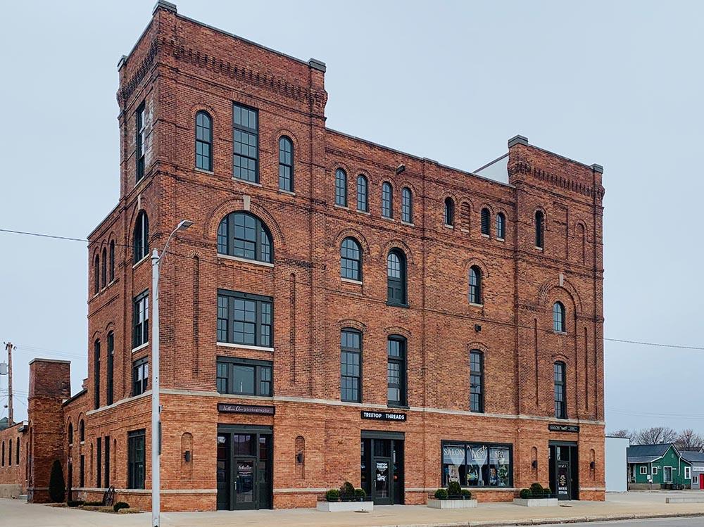 Exterior of the four story old brewery building